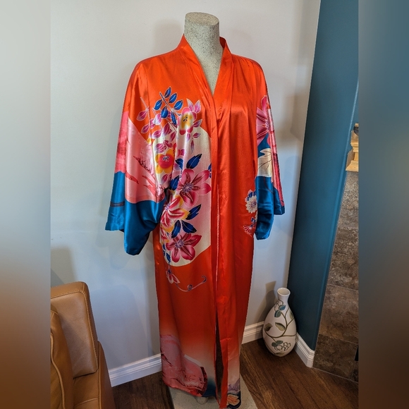 Vintage Floral Kimono in orange teal blue and pink One size fits most - Picture 1 of 16